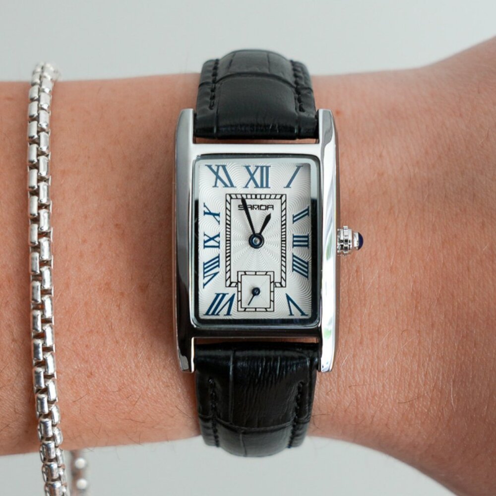 y2k silver rectangle vintage watch w/ black leather strap